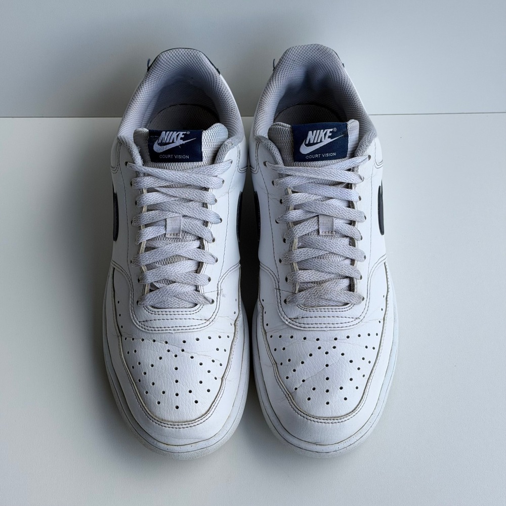 Nike Court Vision Low Mens 10 White Navy Leather Retro Basketball Shoes Y2K - Picture 7 of 9
